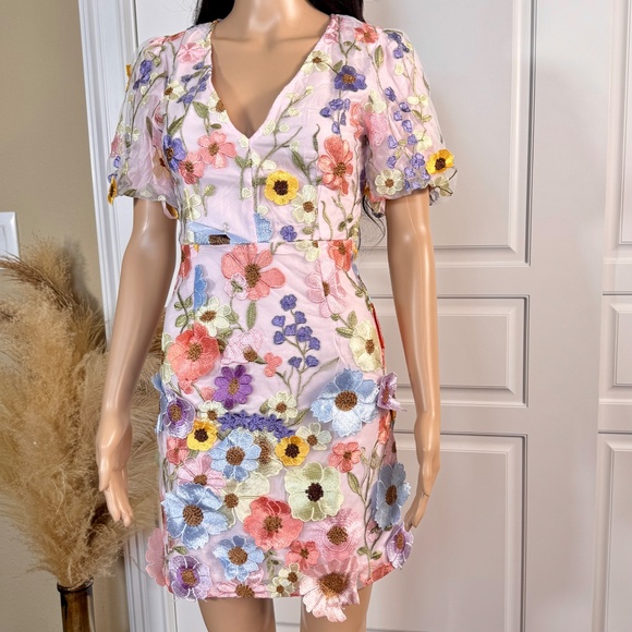 WOMEN'S 3D FLORAL BODYCON MINI DRESS WITH PUFF SLEEVES - Picture 7 of 13